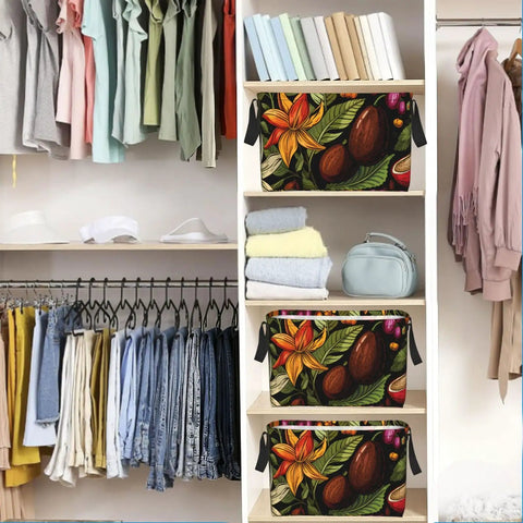 Massively Sized Closet Flex And Insanely Handy Foldable Storage Basket For Holding Clothes Towels Linens Toys Plus Pet Gear in a closet.