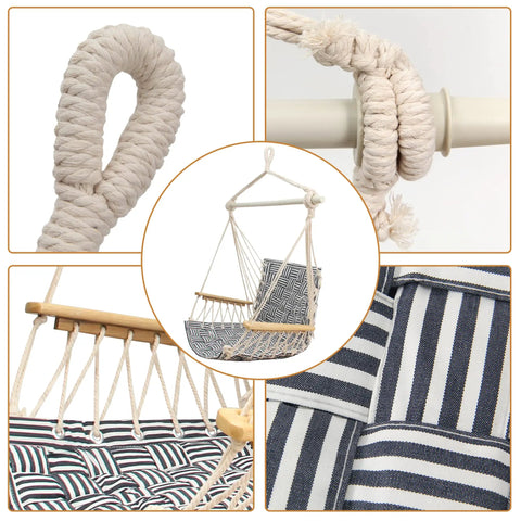 Upgraded Hammock Chair With Wooden Armrests And Steel Spreader Bar, Anti Slip Rings, Full Hanging Kit Included, Cotton Woven Fabric