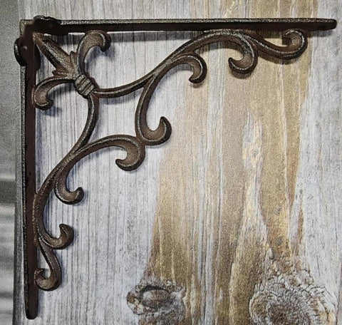 Sturdy Cast Iron Shelf Bracket Set 10x10 Inches With Ornate Fleur De Lis Design Matte Brown Finish Six Pack Heavy Duty