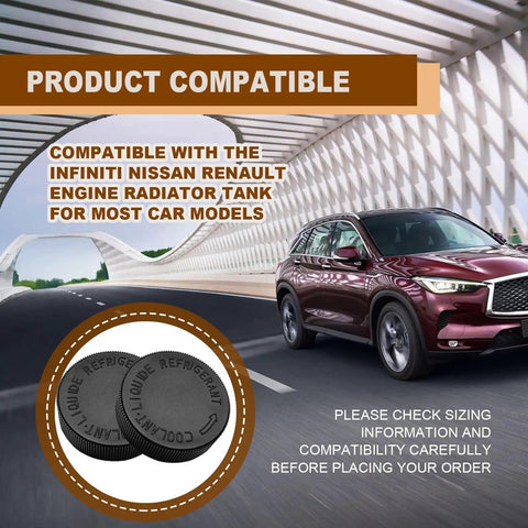 Two Pack Black Engine Radiator Coolant Reservoir Cap For Infiniti Nissan Renault OEM 21712 79900 displayed with SUV on road