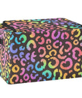 Hella Roomy Foldable Storage Bin With Clear Front Window And Top Front Twin Zippers Built Tough Steel Rod Support Real Sturdy Home Organizer Leopard Print Rainbow Decor in colorful leopard pattern.