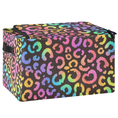 Hella Roomy Foldable Storage Bin With Clear Front Window And Top Front Twin Zippers Built Tough Steel Rod Support Real Sturdy Home Organizer Leopard Print Rainbow Decor in colorful leopard pattern.