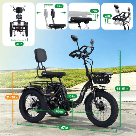 750W Electric Tricycle For Adults And Seniors With Fat Tires, 3 Wheel E Trike, 48V 13Ah UL 2849 Battery, 55 Mile Range, Semi Recumbent Design, Hydraulic Brakes, Easy Hill Climb And Smooth Everyday Ride with dimensions shown