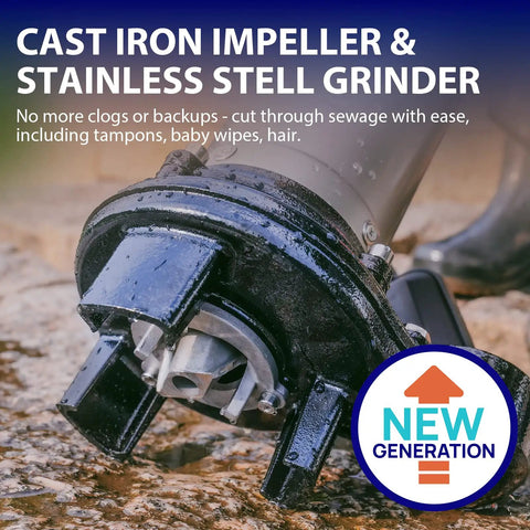 Close-up of 1HP Submersible Sewage Grinder Pump With Stainless Steel Cutting Blade and Cast Iron Impeller, sturdy for basement use