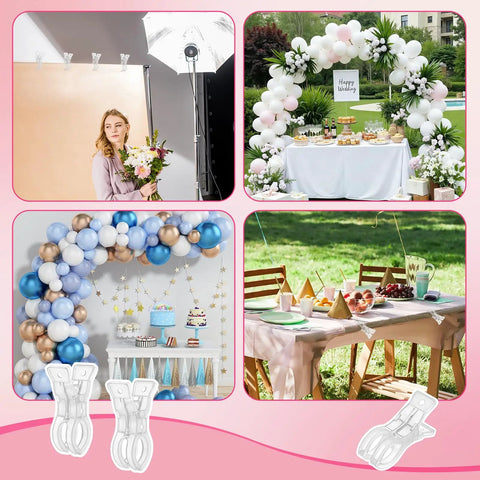 10 Pack Transparent Balloon Arch Clips 3.5 Inch Heavy Duty Spring Clamps for Backdrop Stands and Photo Booths displayed in use