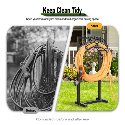 Comparison before and after using Heavy Duty Freestanding Garden Hose Holder With Reel Stand And Storage Basket