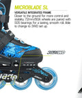 Close-up of Microblade SL Kids Adjustable Inline Skates Four Size Range For Beginners Youth Fitness Skates in Black Sky Blue.