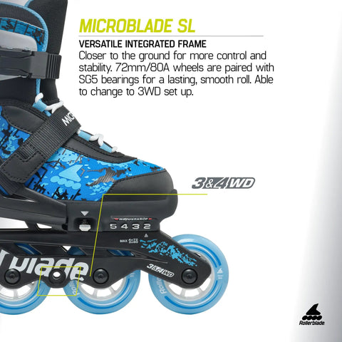 Close-up of Microblade SL Kids Adjustable Inline Skates Four Size Range For Beginners Youth Fitness Skates in Black Sky Blue.