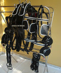 Built To Last Black Nylon Double Horse Cart Driving Harness With White Piping Cob Size displayed on rack