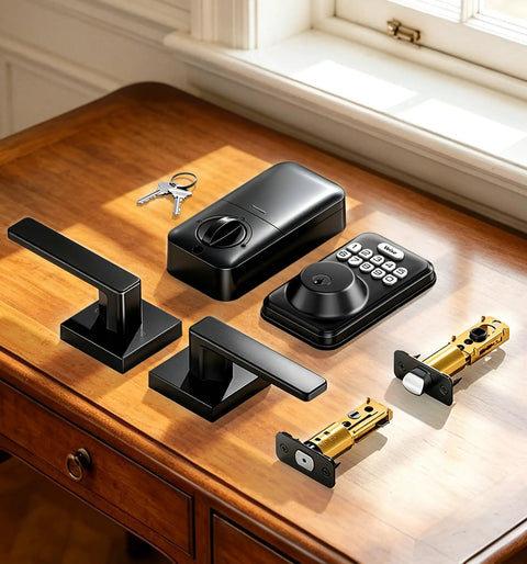 Heavy Duty Keyless Entry Deadbolt Lock Paired With Smooth Lever Handle Set In Matte Black Touchscreen Security Keypad For Front Door Bulletproof No Sweat Install