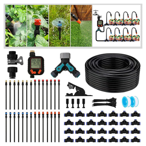 100Ft Drip Irrigation Kit With 28 Adjustable 360 Degree Nozzles And 28 T Connectors for garden lawn, black tubing, red & blue nozzles