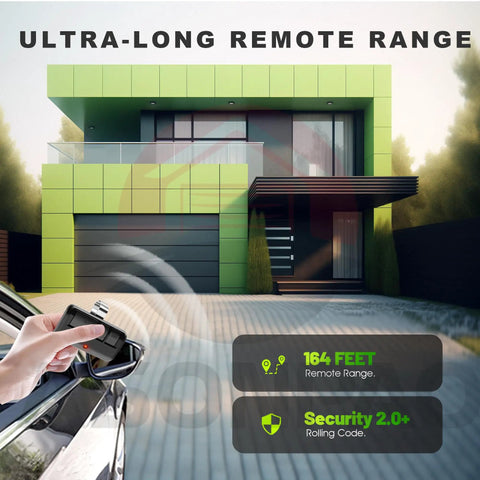 2 Pack Universal Garage Door Opener Remote Compatible With Chamberlain LiftMaster Sears Craftsman Openers With Purple Red Orange Yellow Green Learn Buttons Since 1993 Not For Security 3.0 Or DIP Switch Models Includes A 3 Year Warranty shows ultra-long remote range with modern house backdrop