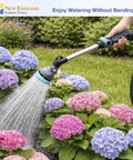 18 Inch Heavy Duty Metal Watering Wand With Nine Spray Patterns watering pink and purple hydrangeas in garden, flexible head