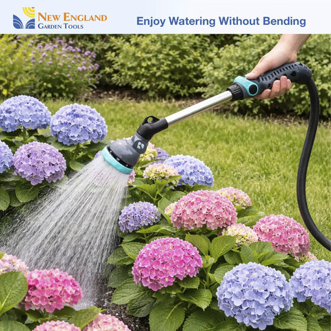 18 Inch Heavy Duty Metal Watering Wand With Nine Spray Patterns watering pink and purple hydrangeas in garden, flexible head
