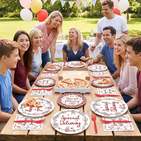 Group enjoying outdoor pizza party with 96 Piece Special Delivery Pizza Paper Plates And Napkins Set Hits Different With Chic Red White Checkered Prints.
