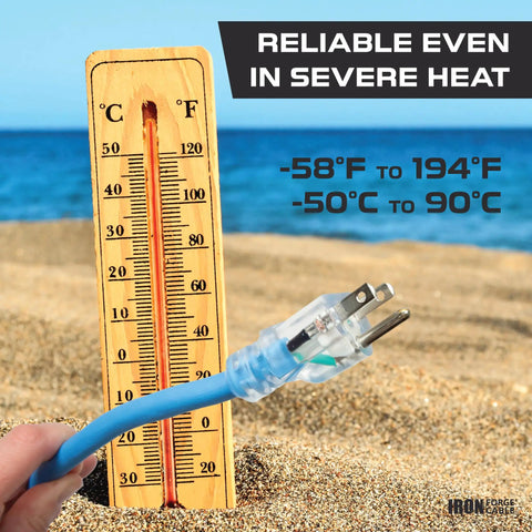 All Weather Outdoor Extension Cord 25 Ft Heavy Duty Lighted 3 Prong 16/3 SJEOW by a thermometer on sand