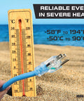 100 Ft All Weather Outdoor Indoor Extension Cord Built Tough Be The Go To Cord 12 3 SJEOW Lighted 3 Prong Cable For Cold And Hot Temperatures Anywhere shown on a beach with a thermometer display