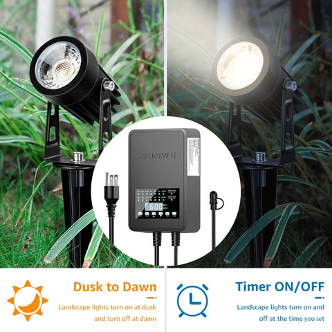Dual Output 300W Low Voltage Landscape Transformer With Timer And Photocell Sensor Converts 120V AC To 12 And 14V AC Weatherproof