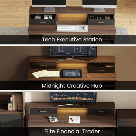 Premium 63 Inch Electric Height Adjustable Standing Desk With Four Drawer Filing Cabinet Built In Monitor Platform Smooth Glide Motor No Sweat Assembly showing various office setups.