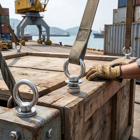Stainless Steel Loop Bolts Set M10x30mm With Hex Nuts Flat Washers And Spring Washers Shoulder Eye Bolts For Hangin And Fastenin Long Thread 8 Piece Kit With Lock Nuts on a wooden crate
