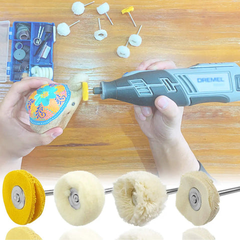 Person using rotary tool with Cashmere Polishing Buffing Wheel Set For Rotary Tool One Eighth Inch Shank Jewelry Polishing Kit