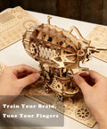 Hands assembling Steampunk Airship 3D Wooden Puzzle Kit With 169 Pieces For Teens And Adults A Dope STEM Brain Teaser And DIY Craft