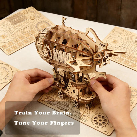 Hands assembling Steampunk Airship 3D Wooden Puzzle Kit With 169 Pieces For Teens And Adults A Dope STEM Brain Teaser And DIY Craft