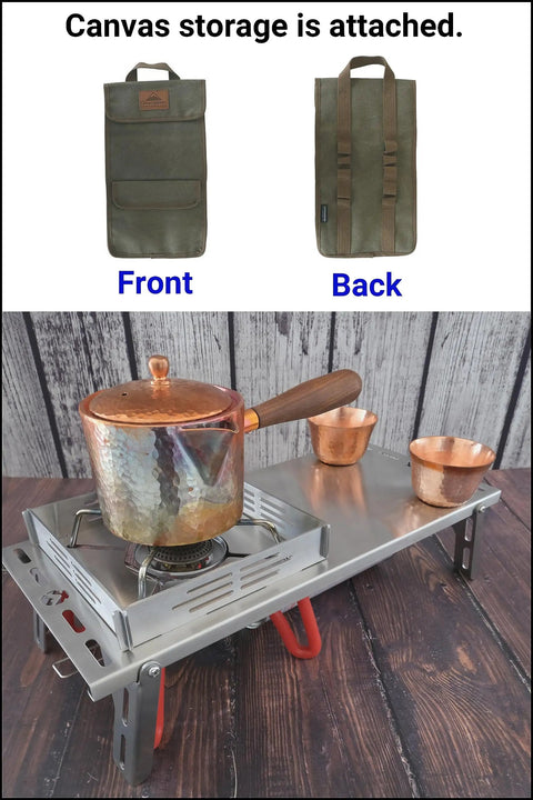 Solo Camping Table In Stainless Steel With Windshield And Heat Shield Portable Tabletop Stove Stand shown with copper pots
