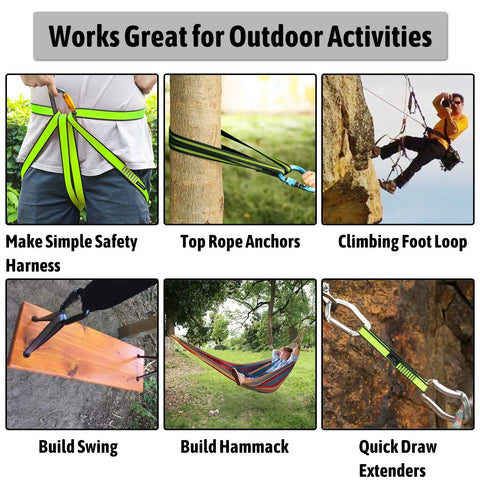 Six images showing uses of 18mm Nylon Climbing Sling Runner Set, 3-Pack, 23KN Breaking Strength, 120 Cm Webbing, EN566 CE2008 Certified