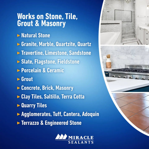 Advanced Penetrating Stone Grout Tile And Countertop Sealer Blocks Water Stains And Slipping Hazards With A No Hassle Tough As Nails Formula Inside A Gallon Jug For Easy Home Upkeep, description of compatible surfaces.