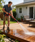 Man using Beast Pressure Washer Gun And Hose Kit with 30 Foot Kink Resistant Hose And 3600 PSI Cleaning Power on wooden deck