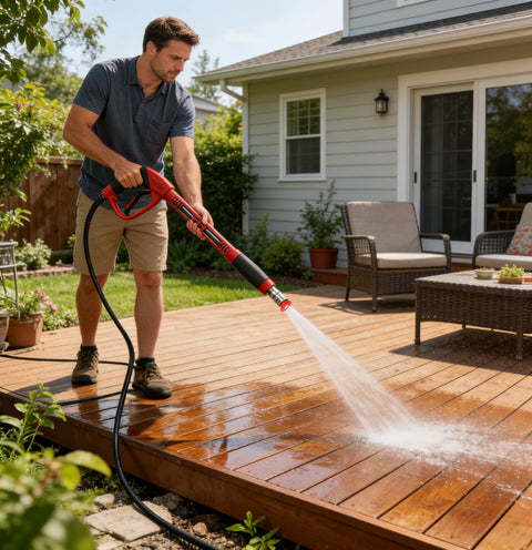 Man using Beast Pressure Washer Gun And Hose Kit with 30 Foot Kink Resistant Hose And 3600 PSI Cleaning Power on wooden deck