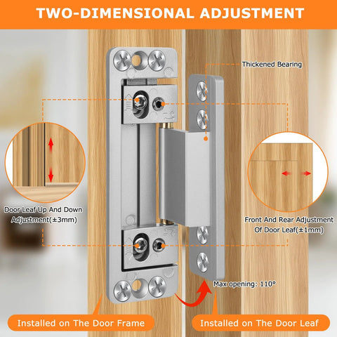 Two-dimensional adjustable hidden door hinges 2 pack installed on wooden door frame for secret doors and bookcase shelves