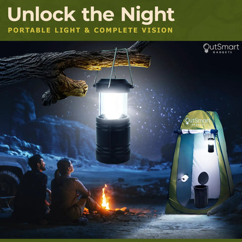 All In One Portable Outdoor Toilet Kit For Camping And RV Travel With Privacy Tent Lighting and Campfire Scene at Night