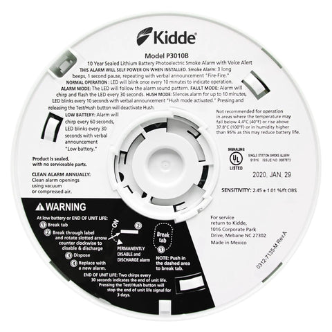 Top view of Kidde smoke alarm with instructions, showing Smarter Smoke Alarm With 10 Year Battery And Photoelectric Sensor White Finish Battery Powered Smoke Detector For Smoldering Fires No Fuss Battery Replacements For A Decade End Of Life Chirp Alerts You information