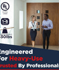 Heavy Duty Commercial Door Closer Built Like a Tank for High Traffic Spaces with Ada Compliant UL Grade One Rating shown in a modern office setting.