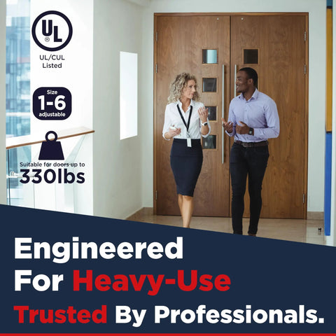 Heavy Duty Commercial Door Closer Built Like a Tank for High Traffic Spaces with Ada Compliant UL Grade One Rating shown in a modern office setting.