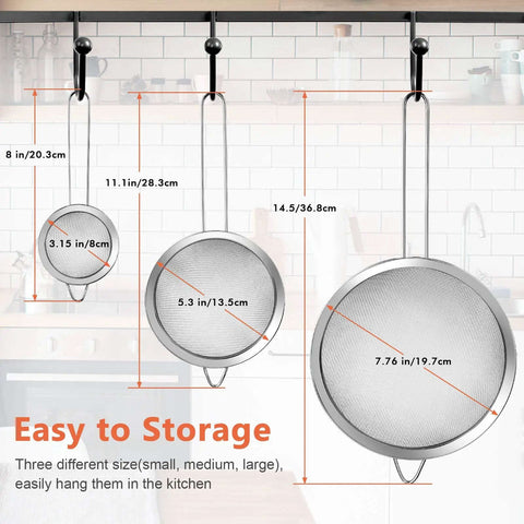 Three Piece Fine Mesh Strainer Set With Handles For Sifting Wet Or Dry Ingredients In The Kitchen hanging on hooks
