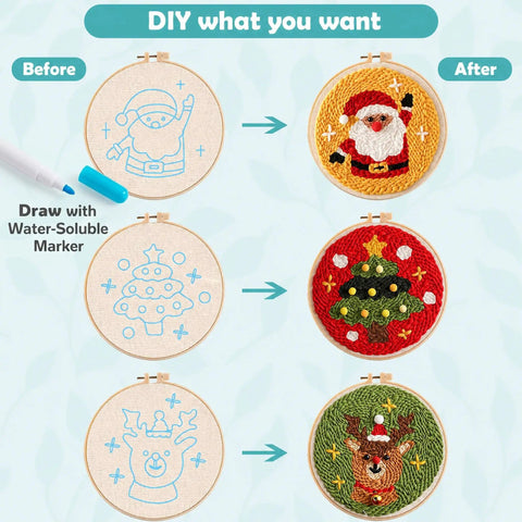 Purple Punch Needle Kit For Beginners With Wooden Handles And Adjustable Needles In Three Sizes Complete Craft Set With Storage Case Dope Gift For DIY Embroidery And Textile Art showing before and after embroidery designs of Santa, Christmas tree, and reindeer.