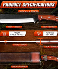 Beast Heavy Duty Japanese Machete Knife With Full Tang Blade, showing length, thickness, and wooden sheath measurements.