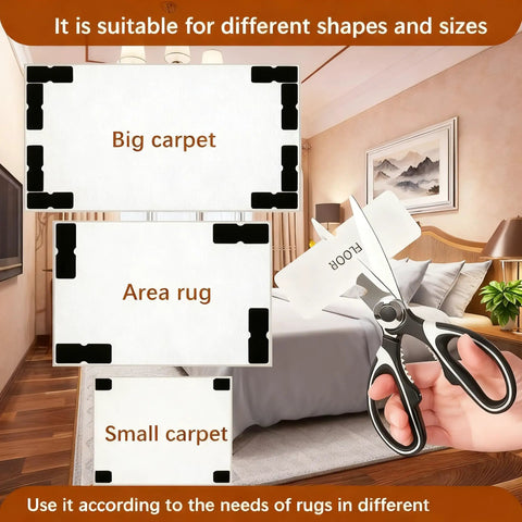 Non Slip Rug Grippers Set, Reusable Double Sided Carpet Tape Pads With Super Strong Adhesive For Area Rugs shown on various carpet sizes