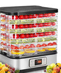 Heavy Duty Food Dehydrator With Eight BPA Free Trays delivering seven square feet of drying space, featuring colorful fruits and veggies.