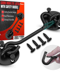 Heavy Duty 6 Inch Cabin Hook And Eye Latch With Safety Buckle shown with screws, packaging, and installation example