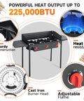 Three Burner Propane Stove with 225000 BTU High Pressure Output for Camping and Backyard, Outdoor Gas Stove with Windscreen and Side Shelves