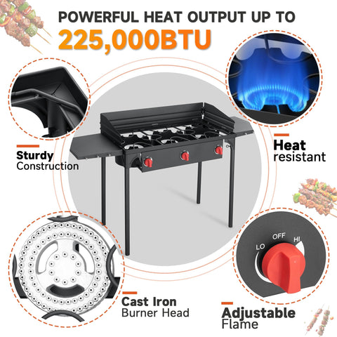 Three Burner Propane Stove with 225000 BTU High Pressure Output for Camping and Backyard, Outdoor Gas Stove with Windscreen and Side Shelves