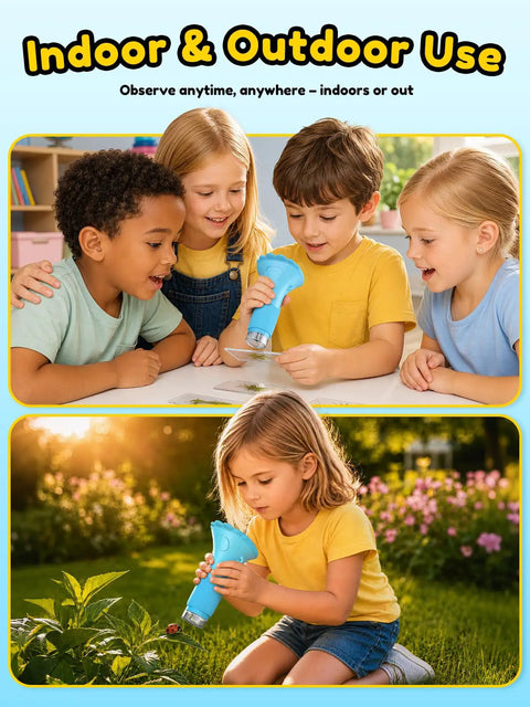 Kids 1000X Handheld Digital Microscope With 2.0 Inch Screen, Kid-Friendly Portable MiniScope For Education, Perfect Birthday Gift For Ages 3 to 10, Clear High-Res Magnification, 8 Adjustable LEDs, Explore Tiny Details. Children using blue handheld microscope indoors and outdoors