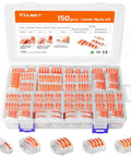 150-piece Lever Wire Nut Connectors Kit with 2-5 conductors shown in transparent case, ideal for AWG 28 to 12 installations.