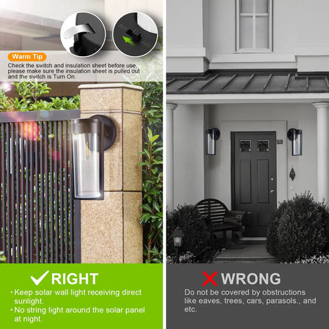 6 Pack Outdoor Solar Fence Lights Waterproof Wall Mounted, Auto On Off Solar Wall Lights for correct and incorrect installation guidance