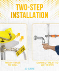 Two-step installation of Eye Wash Station With Free Eye Wash Sign Wall Mounted Stainless Steel Eye Wash Station With Dual Spray Heads Emergency Eyewash Station Hands Free Operation First Aid For Eyes Yellow.