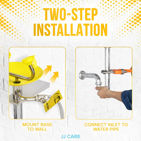 Two-step installation of Eye Wash Station With Free Eye Wash Sign Wall Mounted Stainless Steel Eye Wash Station With Dual Spray Heads Emergency Eyewash Station Hands Free Operation First Aid For Eyes Yellow.